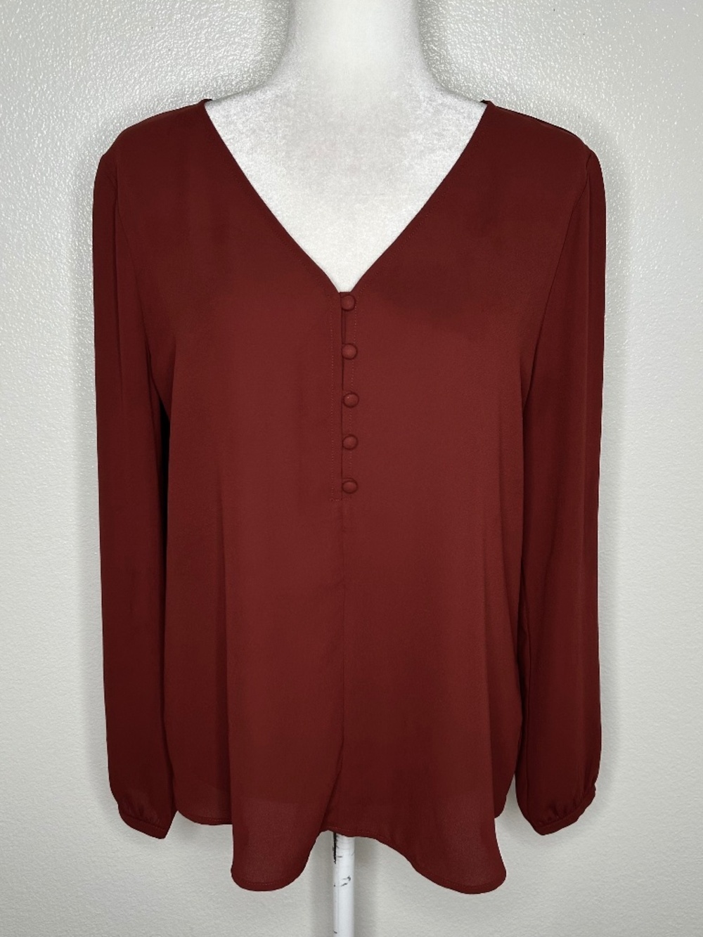 Ann Taylor Womens Rust Brown V-Neck Long Sleeve Top Blouse Stretch Back Size M